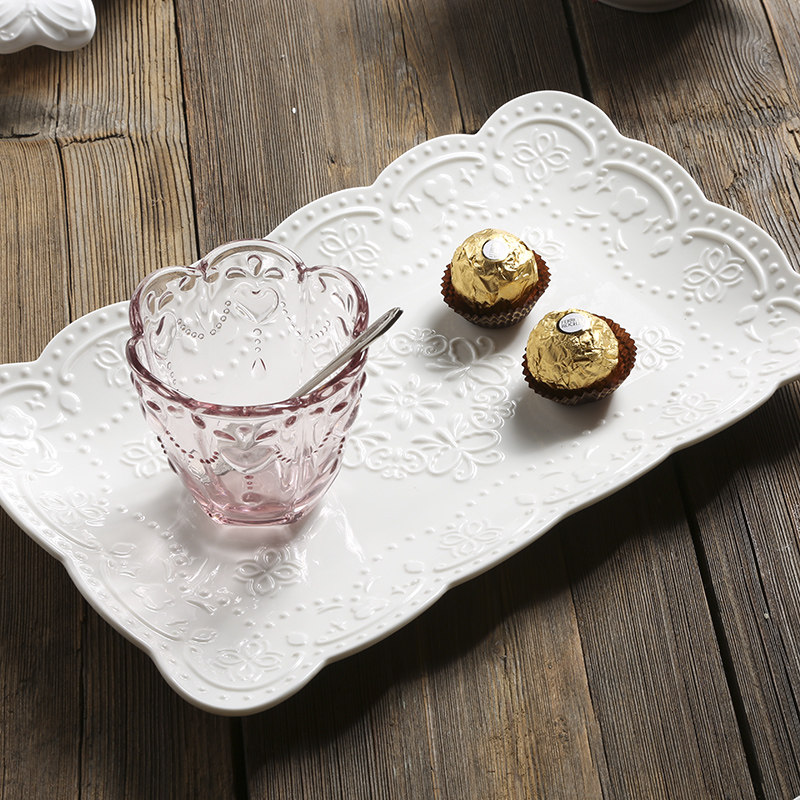 欧式花瓣边陶瓷盘蕾丝浮雕蝴蝶餐盘长方盘点心水果盘下午茶甜点盘