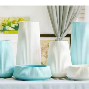 包邮 简约现代白色蓝色玉兰高温陶瓷花瓶插花三件套 家居装饰品摆