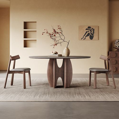 哑光岩板餐桌圆形2024新款侘寂风饭桌现代简约意式实木圆桌带转盘