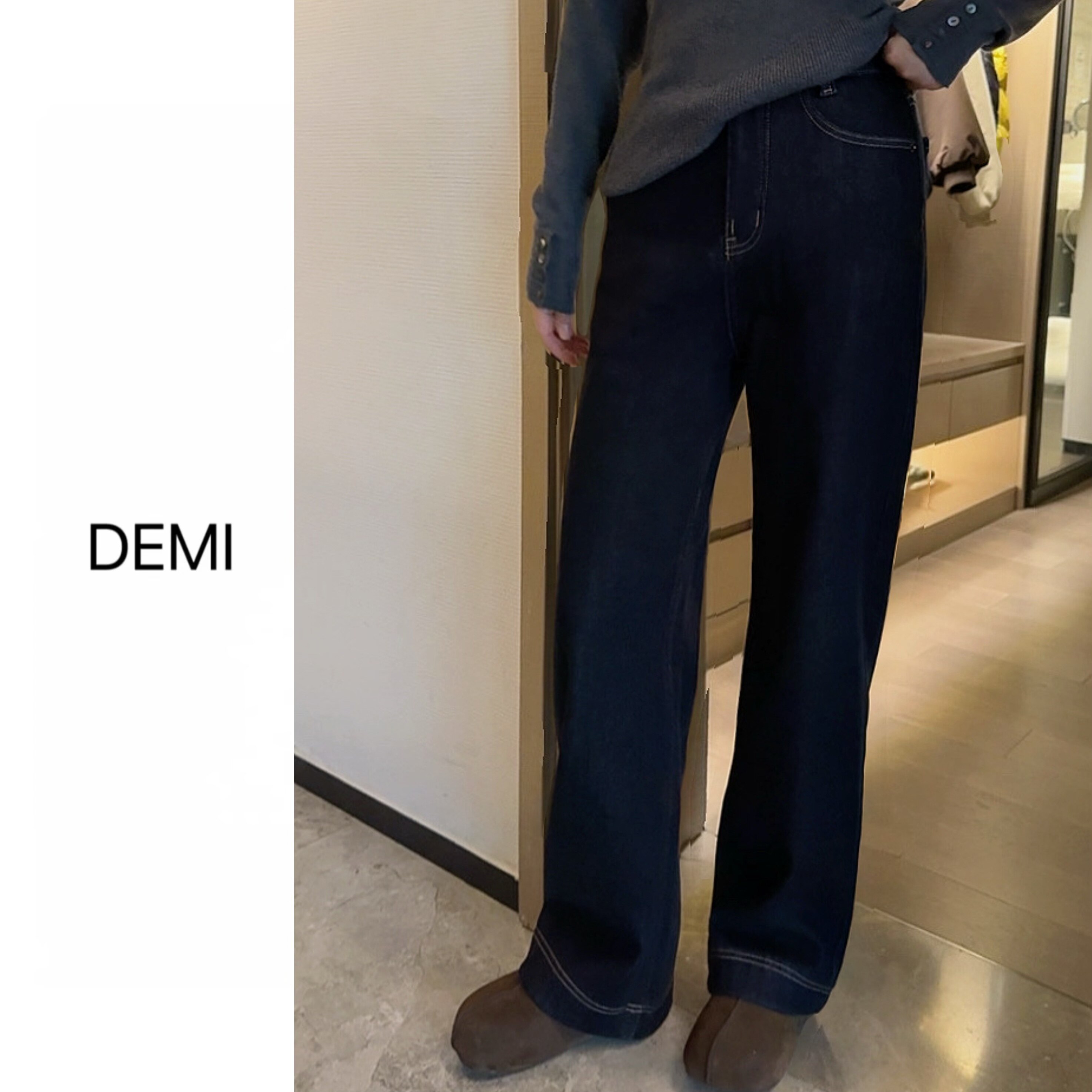 MISS RUILI 定制 秋冬新款阔腿百搭休闲加绒牛仔长裤F1347