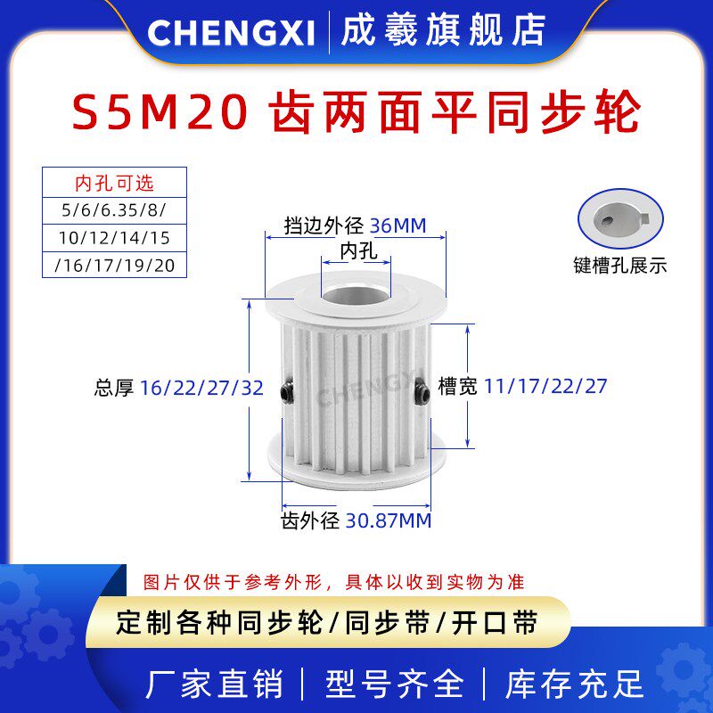 无台S5M20齿双面平20oS5M同步轮槽宽11/17/22/27滑轮齿外径30.87