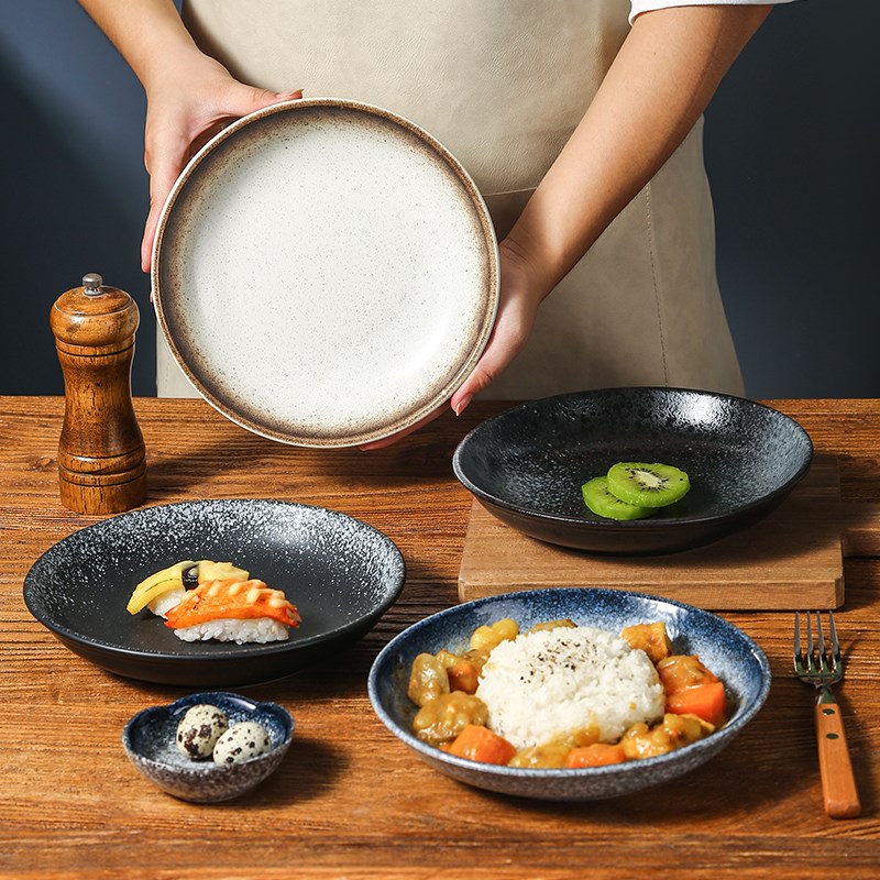 日式餐具6810英寸圆盘子菜盘家用陶瓷E2022新款深盘盖浇饭餐盘碟