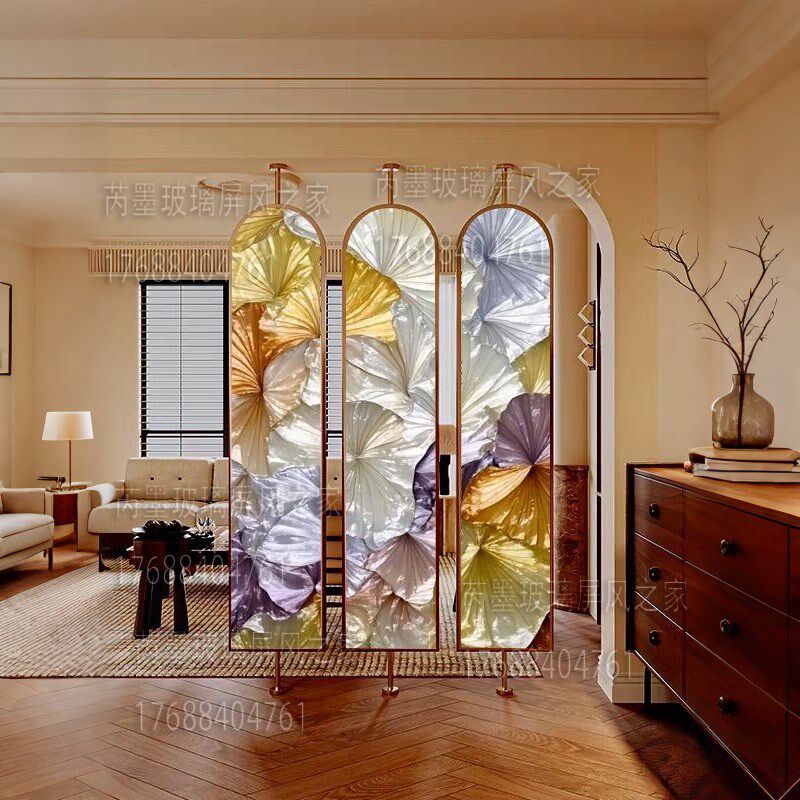 掐丝手绘珐琅彩法式艺术玻璃客厅A卧室玻璃屏风隔断入户正对门玄