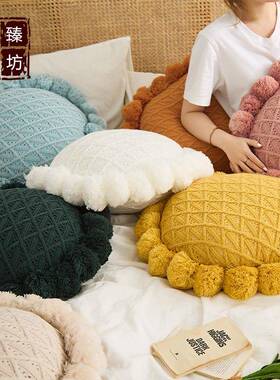 椅iQ210007ns网靠红圆形毛球针织抱枕汽车沙发办公纯靠垫色靠枕休