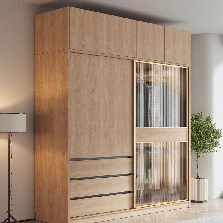 985北璃欧推拉门衣柜家用卧室简约现移代趟门小户型玻原木色门大