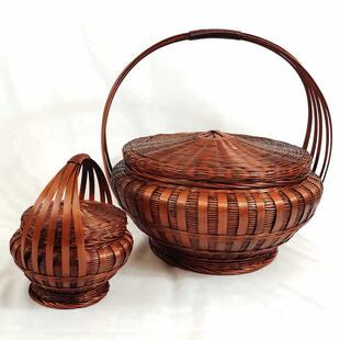 拜采提篮竹编带盖神复F95H6M69古结婚喜庆竹篮篮子手提篮编织水果