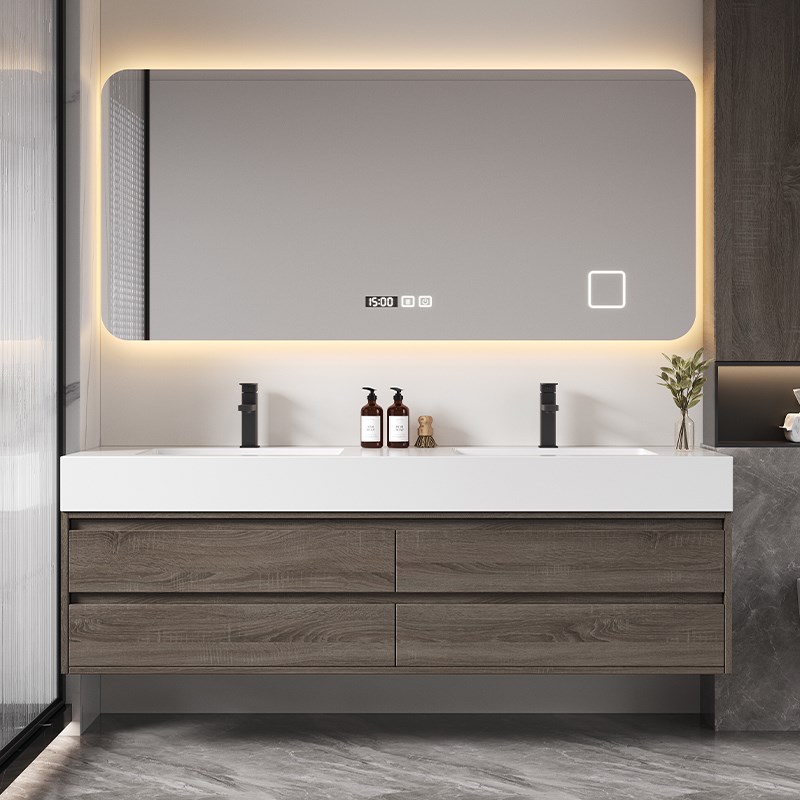 轻奢岩板无缝陶瓷l盆实木浴室柜组合智能卫生间洗漱台洗脸池洗手