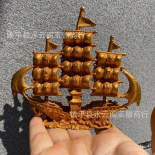 掌舵人帆船摆件船 一帆风顺龙船工艺品把玩帆船家居鎏金摆件