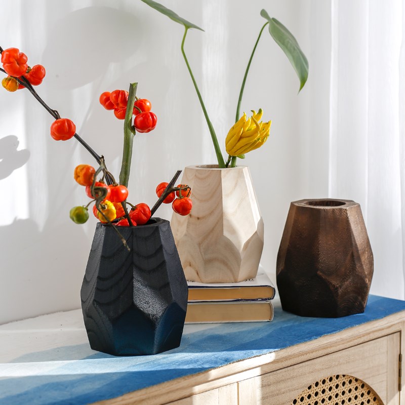 实木质花瓶餐厅餐桌干花水培黑色花器北I欧简约摆件电视柜装饰摆
