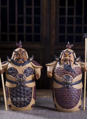 新款石湾公仔 手工陶瓷雕塑摆件工艺G品家居饰品礼品 哼哈二将门