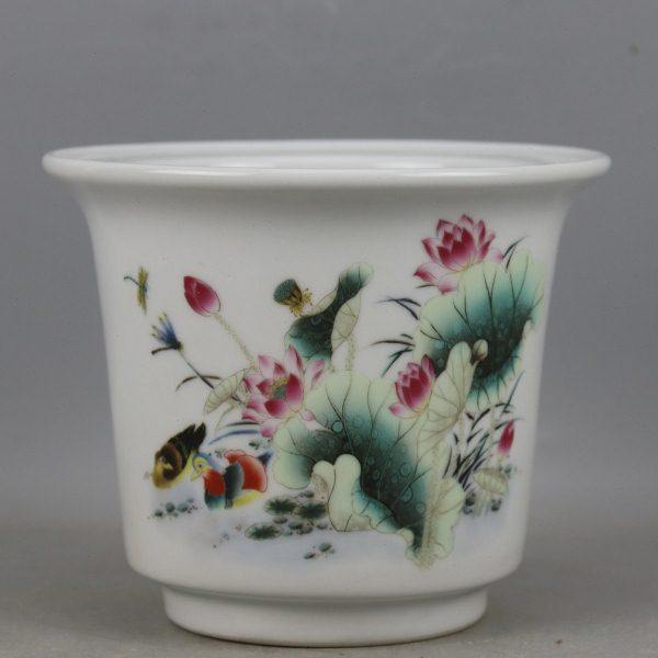 复古风格鸳鸯荷叶纹花盆 古玩 古董 民间 收藏 仿古瓷器 古瓷都苑