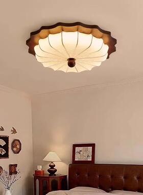 式中风93221卧室灯复古胡桃纹布艺法灯古美木式奶油风护眼书房房