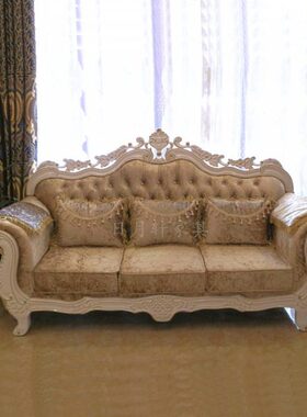 高档欧式沙发全实橡木客厅123组合绒布艺香槟米白金黄蓝紫色现货
