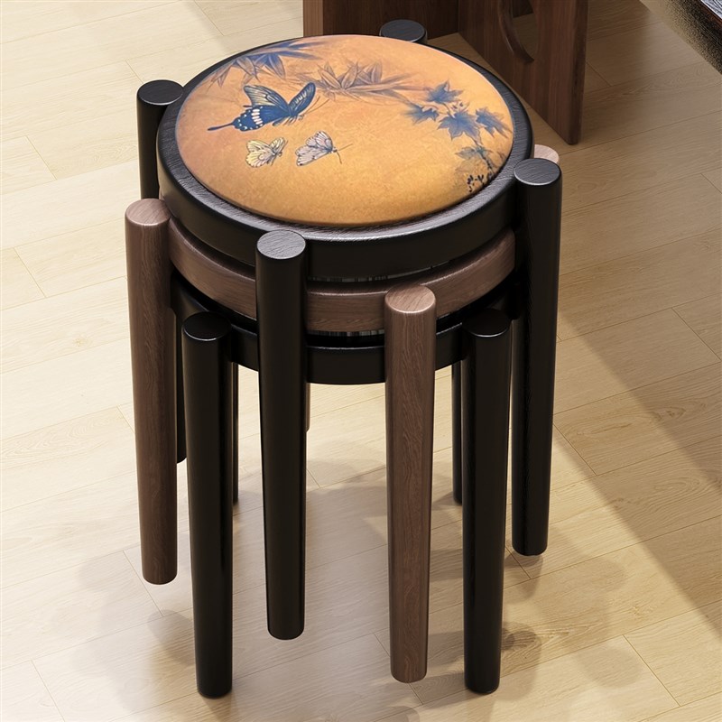 实木凳子家用可叠放板凳软包小方凳耐H用中古客厅木头矮凳餐桌椅