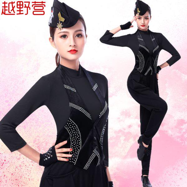 越野营水兵舞上衣女新款金丝绒镶钻马甲广场舞服装吉特巴舞舞蹈服