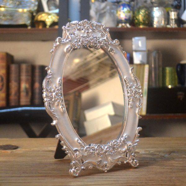 精美欧式银白色PV化梳妆公主镜少女台式桌面可爱镜子装饰用品摆件