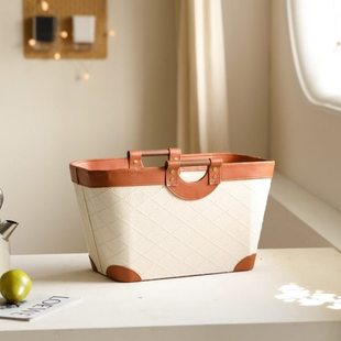 生活之盐·皮革白色浮雕收纳篮手工提花刺绣手提实木把手脏衣娄