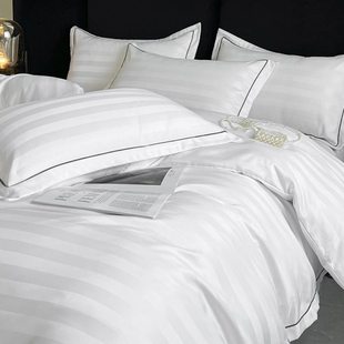 缎条纹酒店宾馆民宿四件套纯白色棉贡缎床上用品名宿公寓被套床单