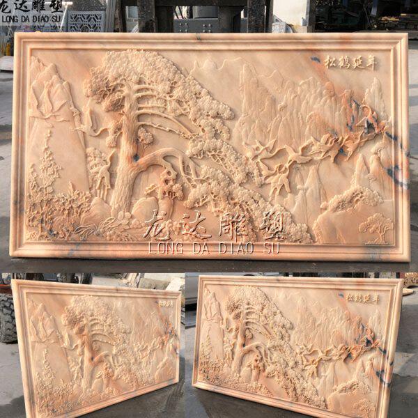 石雕晚霞红松鹤延年浮雕壁画屏风大理石精品雕刻迎客松背景墙照壁