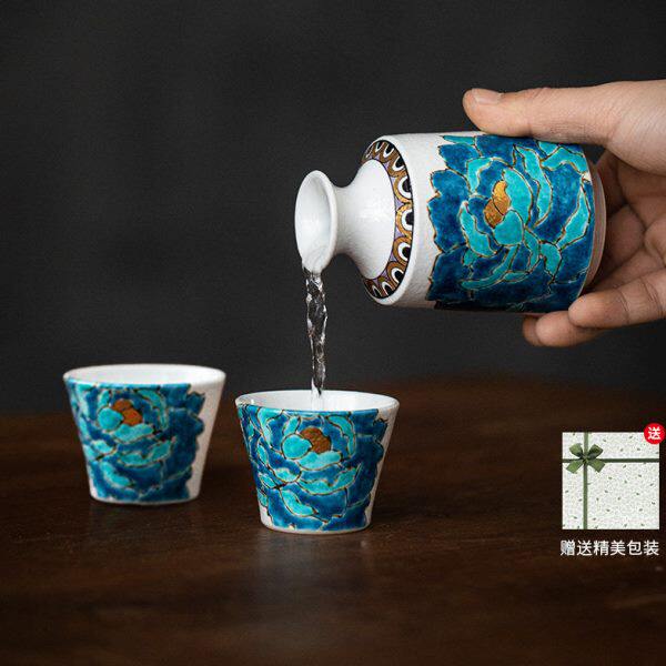 同合日本进口九谷烧青牡丹清酒壶酒杯套装日式家用高级感分酒壶