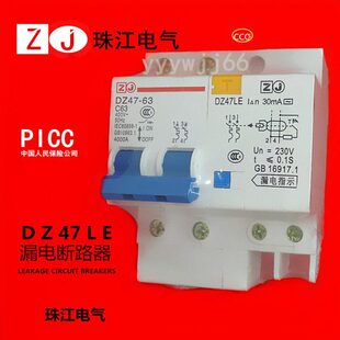 珠江电气保护开关插座DZ47LE2P63A二极漏电断路器珠江电气