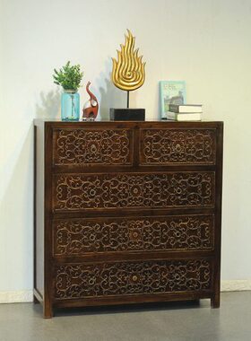 斗柜东南亚风格榆木储物泰式实木雕花收纳装饰卧室别墅会所多抽柜