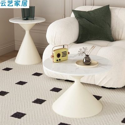 现代简约圆形小茶几家用客厅轻奢小户型奶油风岩板茶桌铁艺边几桌