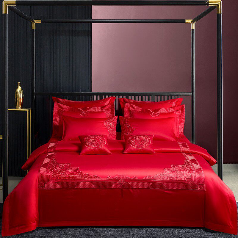 100支澳洲长绒棉结婚四件套全棉婚庆大红色喜被婚房婚床床上用品