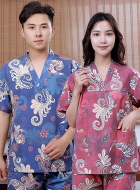 合逸衣 男女棉麻印花汗蒸服桑拿服 酒店浴场浴衣按摩服足浴服CM06