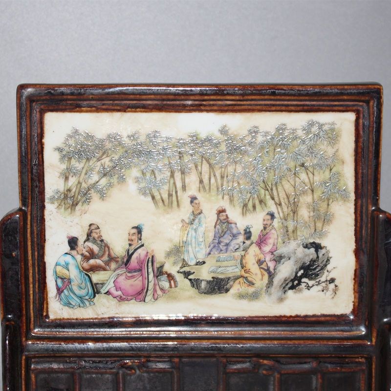 民国粉彩竹林七贤人物屏风 仿古瓷器 古董古玩 老货旧货 摆件做旧