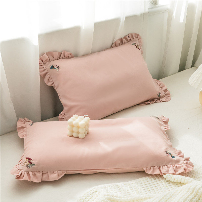 60s磨毛儿童纯色枕套全棉荷叶边刺绣公主风简约枕头内胆套30x50