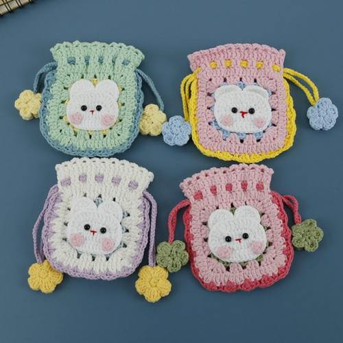 新款编织祖母方格兔头束口包手工毛线钩织零钱袋甜美卡通手作小包