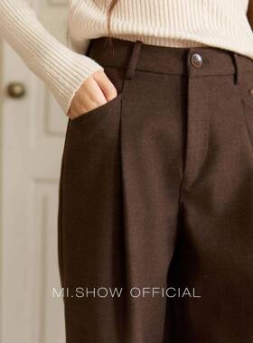 谜秀10闲.3新品茶咖色BWT呢阔腿 裤高毛垂腰裤感长0225秋NNH冬休