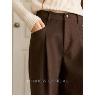谜秀10闲.3新品茶咖色BWT呢阔腿 裤高毛垂腰裤感长0225秋NNH冬休
