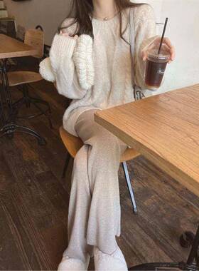 休织针阔腿拖地秋垂感高腰女直筒宽冬ACL松白色闲I裤YJ裤显瘦百搭