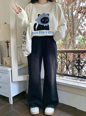 辣大尺码女装版复古假一 字口YMI袋直显UDP瘦条型看好的超须边牛