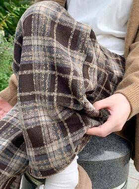 30斤大绒码胖mm加咖冬格子休裤女季裤子0色显ZMUWHQ瘦阔毛腿裤呢