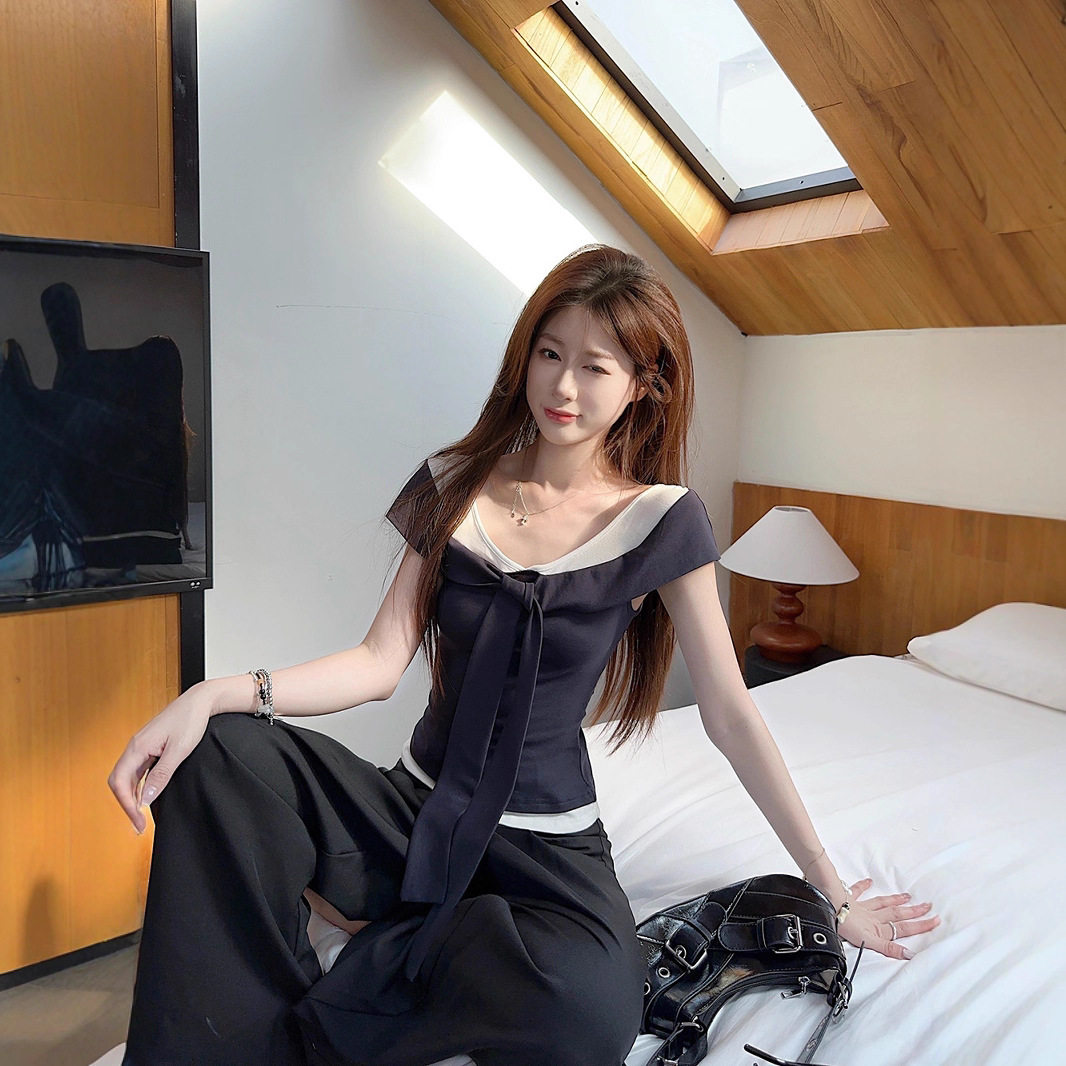 拼接撞色v领一字肩T恤女装夏季设计感小众纯欲风收腰修身短款上衣