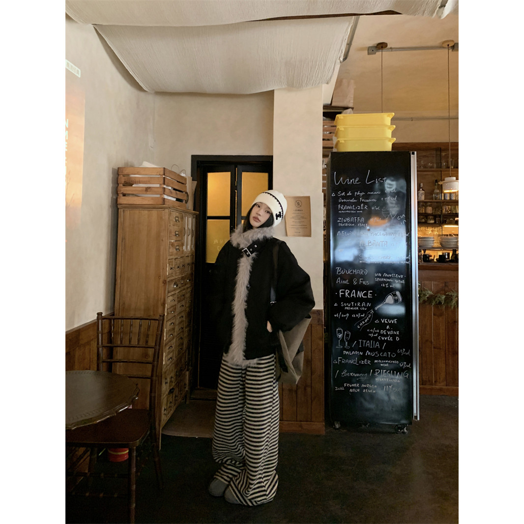 实拍实价 冬装仿皮草毛毛领内胆保暖加厚棉服外套+条纹阔腿裤套装