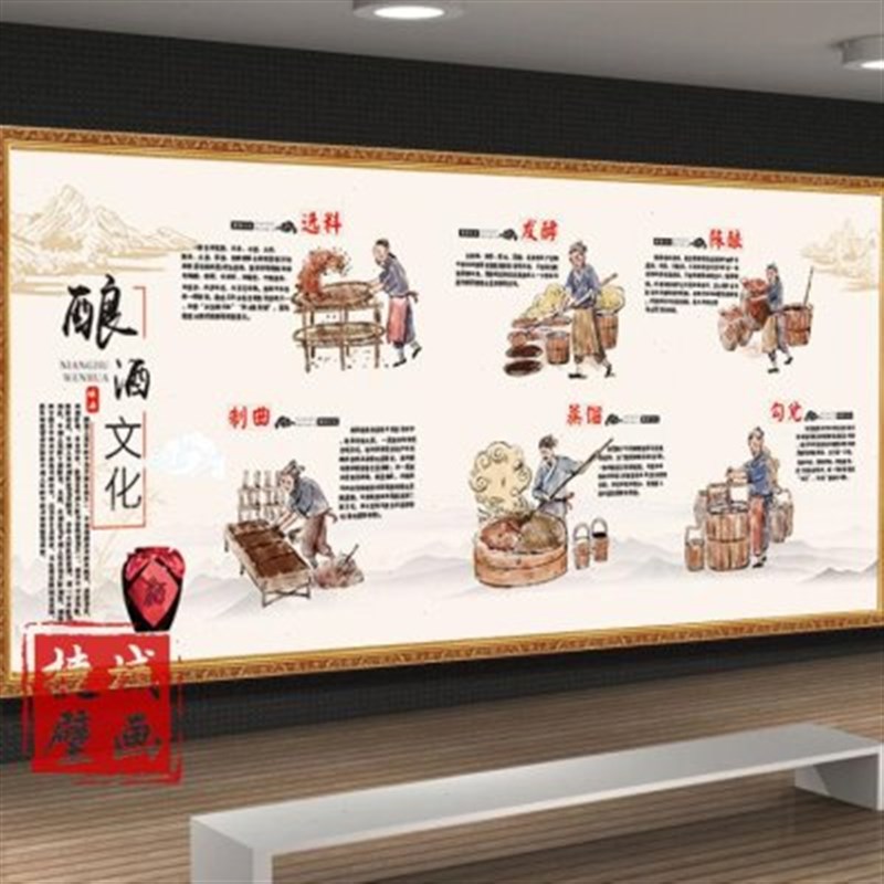 新款酒文化壁纸复古中式酒墙纸y酒坊传统酿酒工艺流程图装饰背景