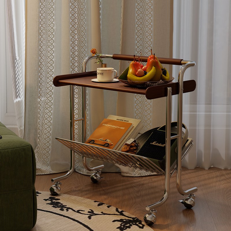 中古风实木小推车置物架客厅沙发边几可移动茶几床头U边桌收纳层