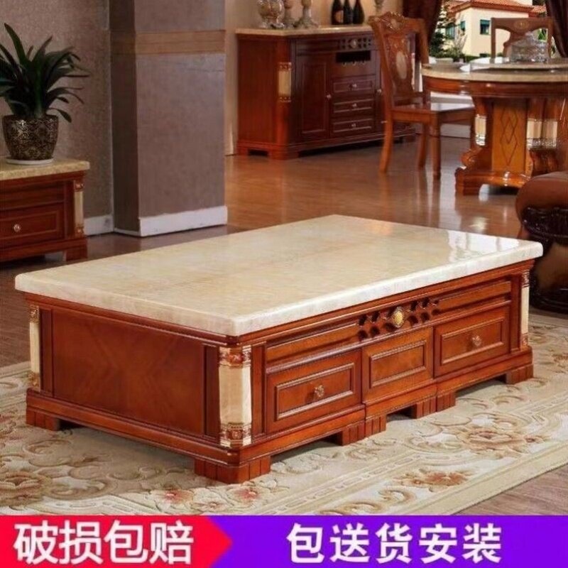 欧式天然大理石实木茶几电视柜组合家用客厅套装中式带凳子茶桌台
