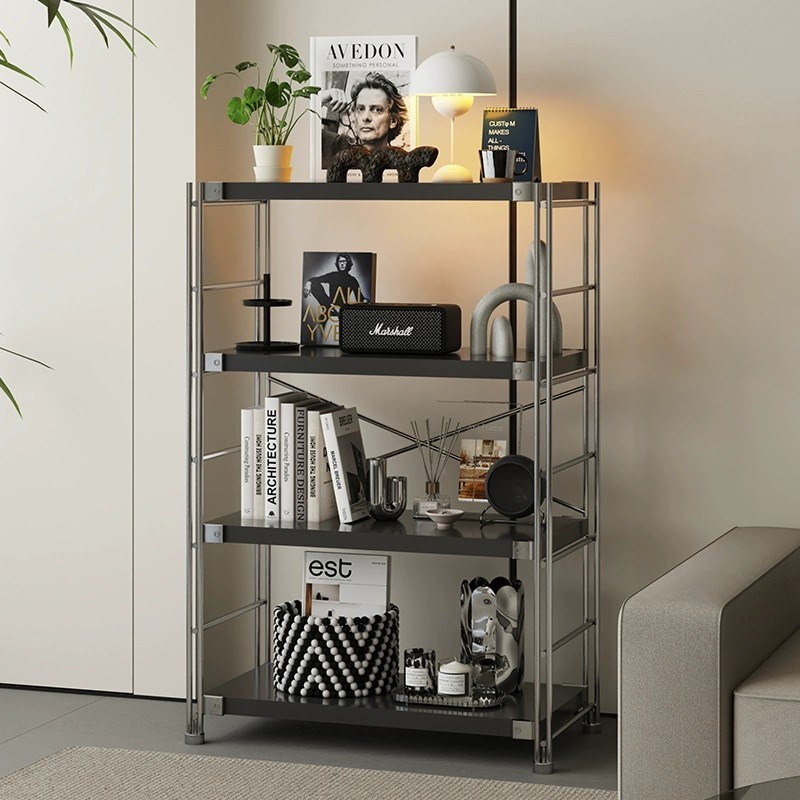 日式置物架落地客厅阳台多层中古收纳层架厨房微波炉烤箱置物架黑