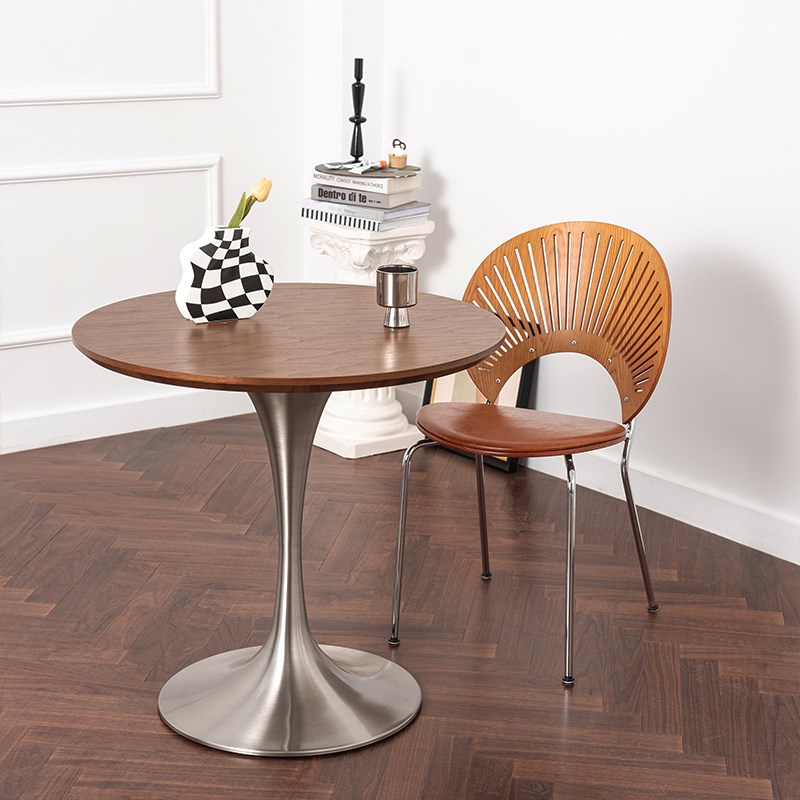 德宜客圆桌家用阳台郁金香餐桌不锈钢商用咖啡厅木桌子洽谈小圆桌