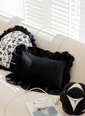 黑色系法式复古抱枕轻p奢布艺毛绒靠枕样板间装饰客厅沙发卧室简