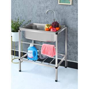 加厚8089不锈钢落地水槽厨洗槽家单槽带支碗架一体商用水池房洗菜