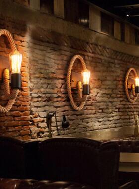 复古麻式绳壁灯美lft铁艺床头o墙业风酒吧咖啡481厅客工餐厅复古