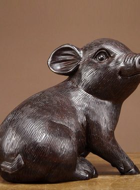 黑檀实木质雕刻十二生肖福猪摆件家居客厅电视柜装饰红木工艺礼品