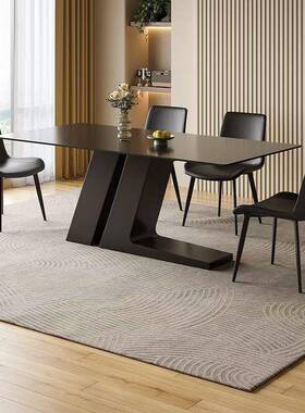 岛现代简约黑色岩板奶餐桌椅组合家用小QHX户型厅长方形台油风饭