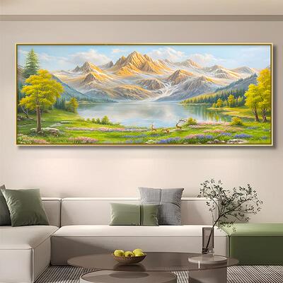 西墙IKW聚财山水聚宝盆壁画沙发东背景金装饰墙画背靠山风景高档